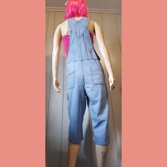 Vintage 90s Embroidered Cats Blue Denim Capri Overalls - Picture 7 of 10
